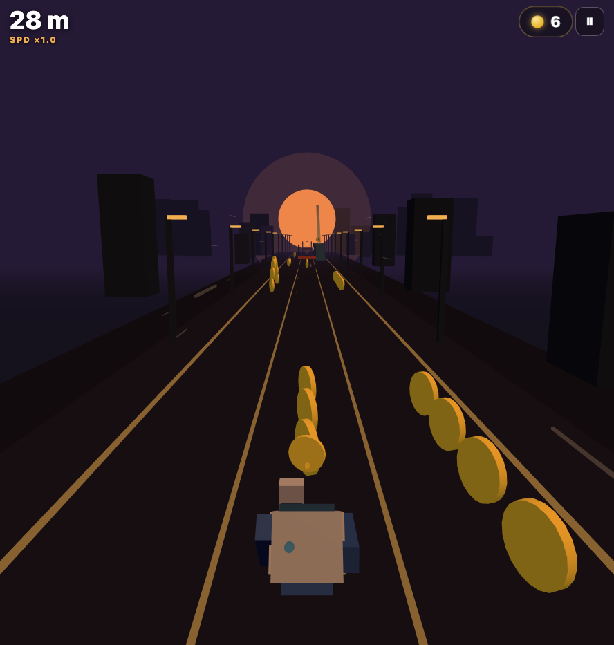 The recovered original GLM 5.3 Flash runner, showing a robot, gold coins and a sunset city.