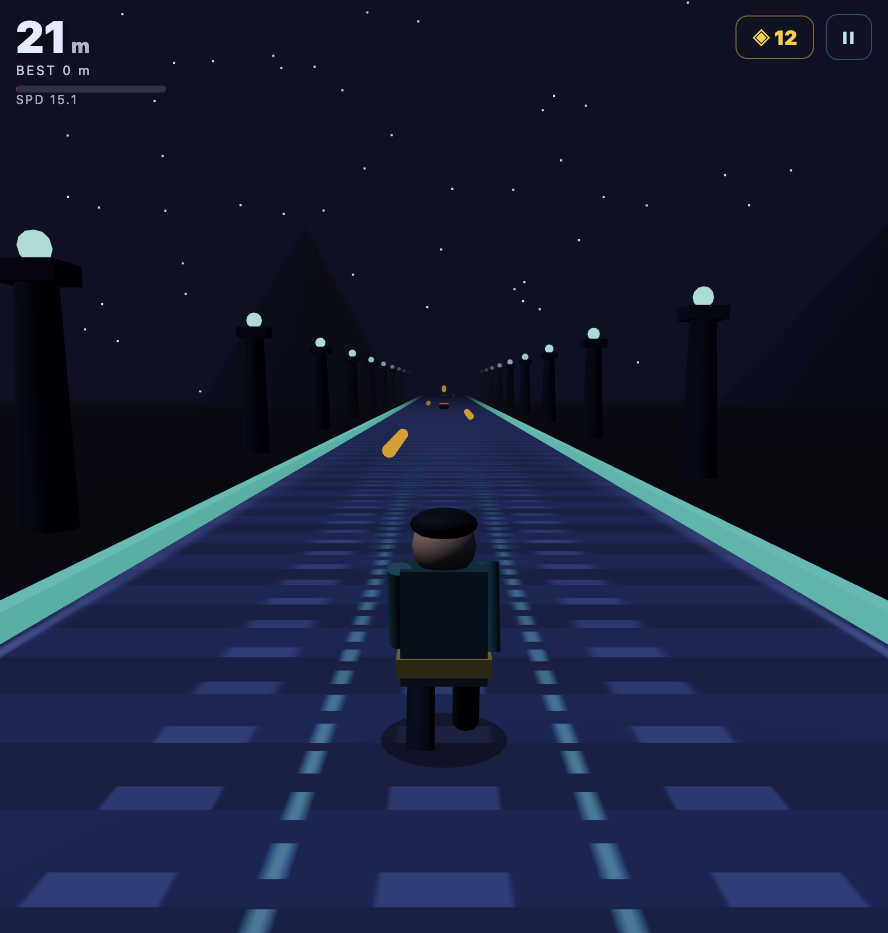 The original MiMo V2.6 Flash runner, showing its humanoid character, glowing track and coin counter.