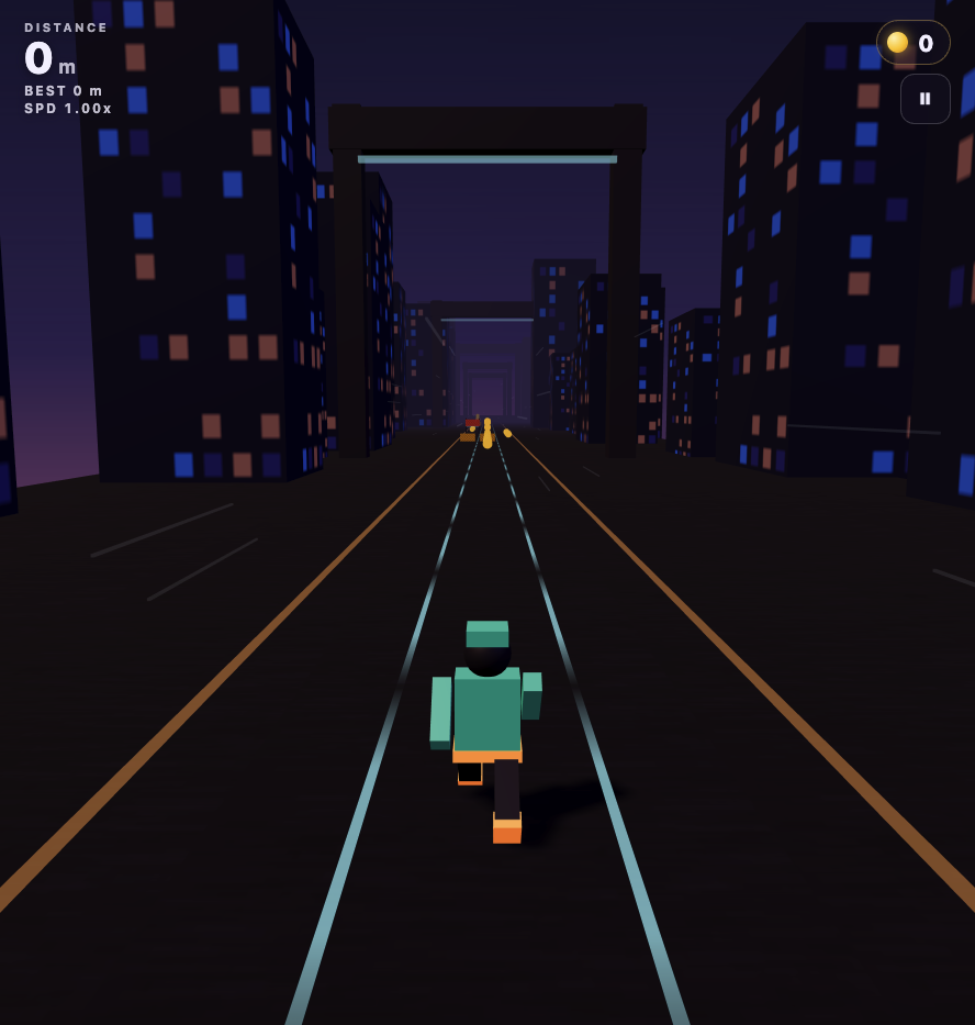 The original MiMo V2.6 Pro runner, with a teal character, orange track and purple city buildings.
