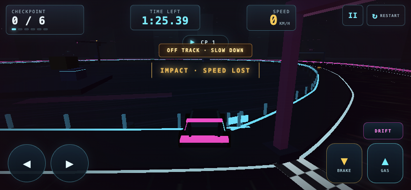The separate Neon Harbor Sprint prototype, showing a blocky car, neon track edges and touch controls.