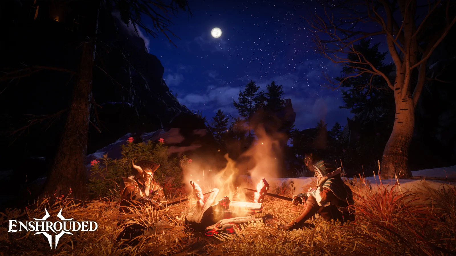 Two armored characters sitting beside a campfire in a forest at night in an official Enshrouded 1.0 screenshot.