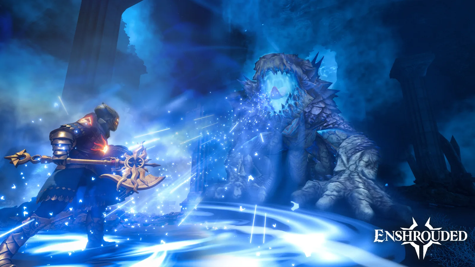 An armored Flameborn casts a bright blue spell at a large creature in an official Enshrouded 1.0 promotional screenshot.