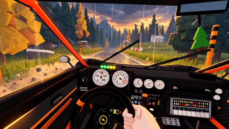 Backseat Rally cockpit view with steering wheel, dashboard gauges and a road through autumn trees.