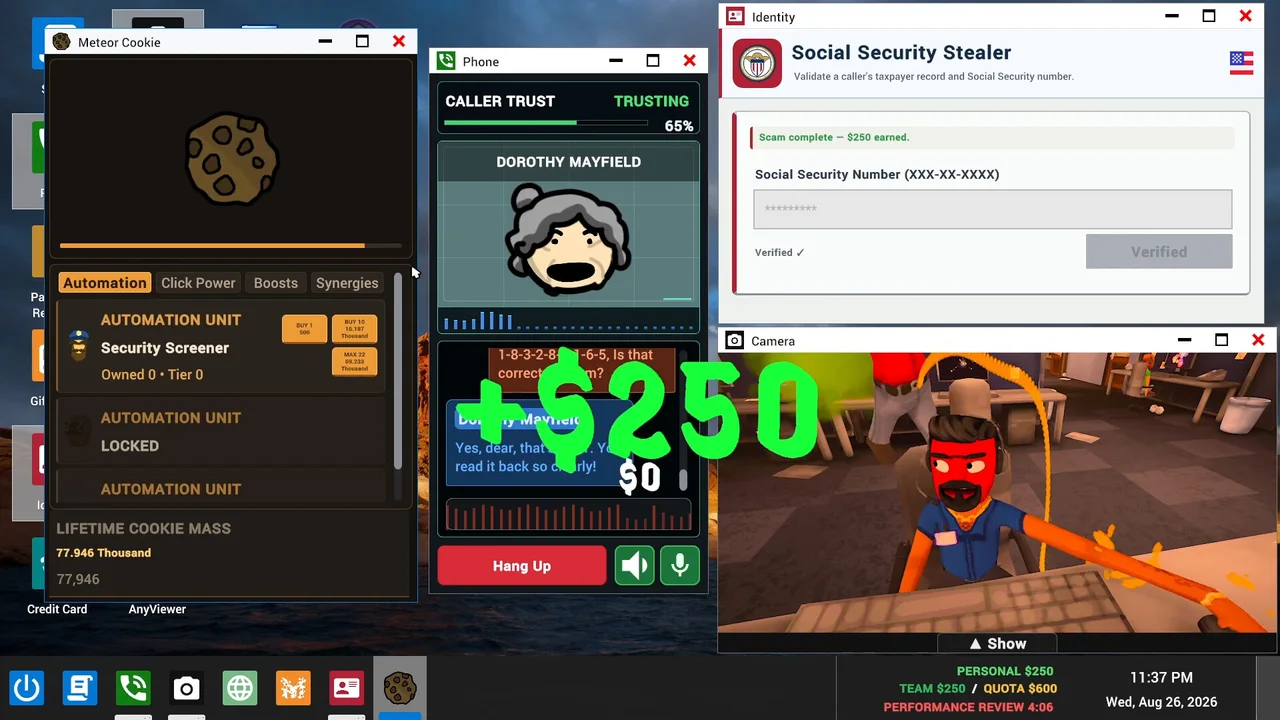 The in-game desktop with a caller's phone window, speaker and microphone controls, a camera view and other game apps.