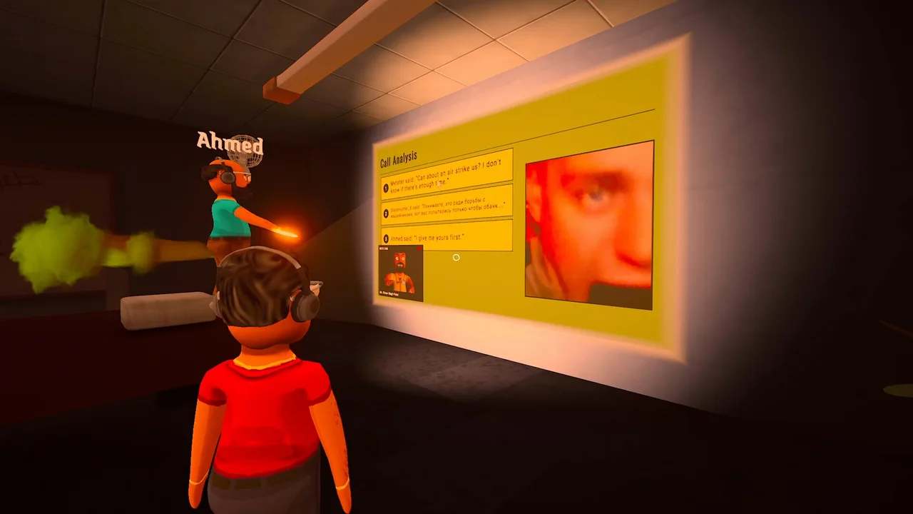 Two characters watching a large call-analysis display in the Scam With Your Friends office.
