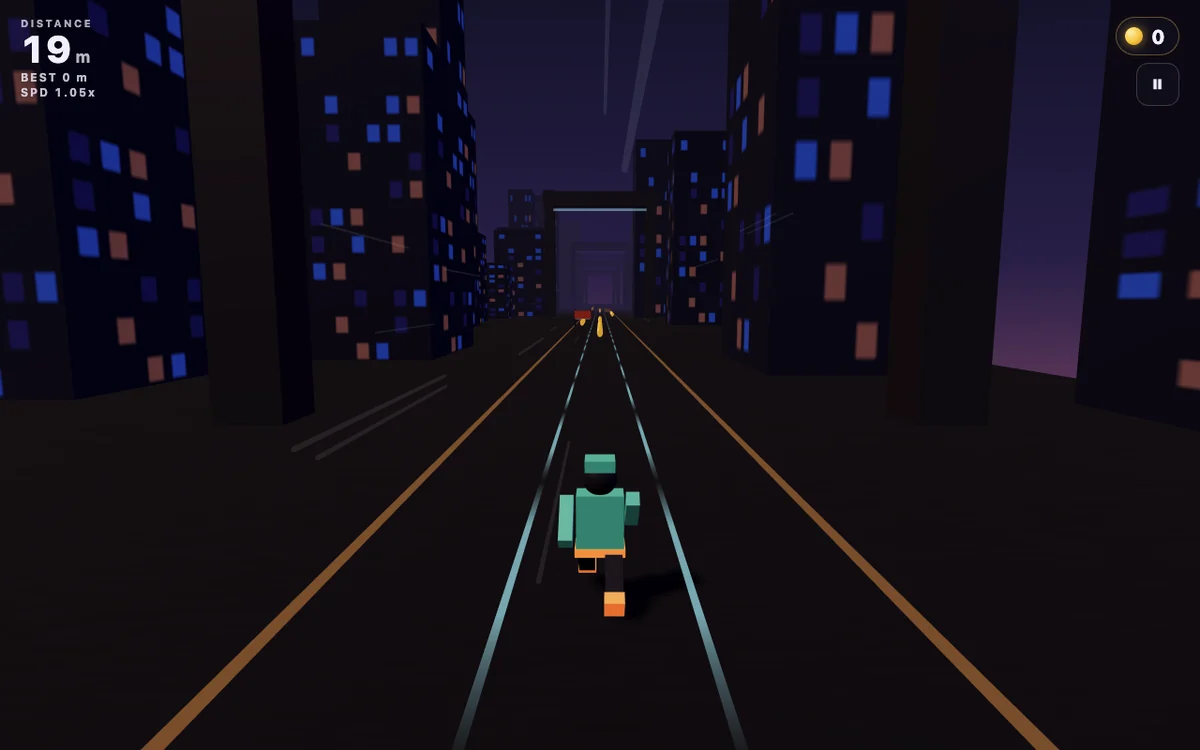 Colossal Runner Classic gameplay with the player, three lanes and upcoming city obstacles