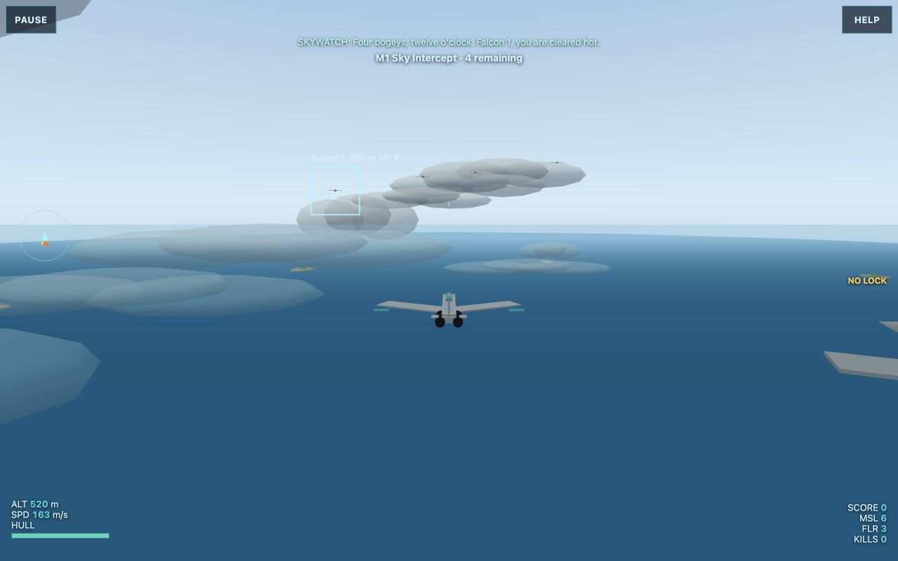 ACE COMBAT 8 browser prototype: a silver and cyan jet above ocean islands, with target markers and the first mission HUD.