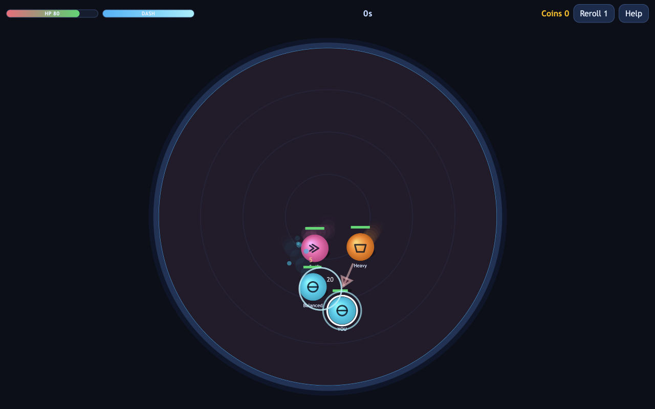 Four balls in a circular Ball vs Ball arena, with health bars and the Reroll control.