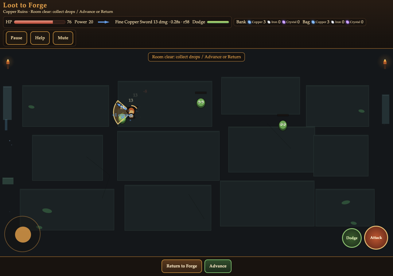 Loot to Forge dungeon with player, slimes, carried ore and return-to-forge controls.