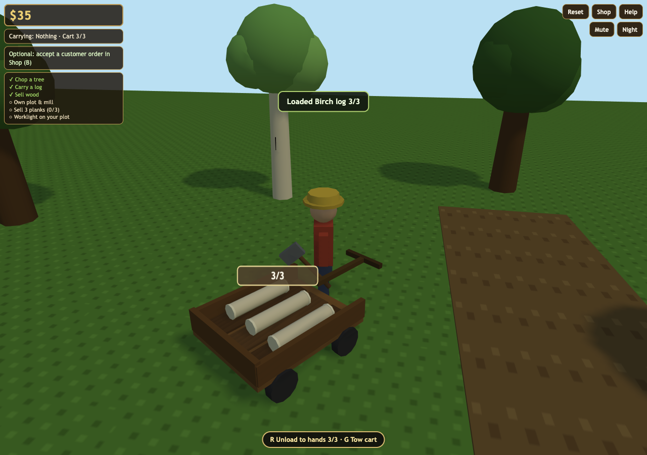 Lumber Tycoon player standing beside a cart loaded with three birch logs.