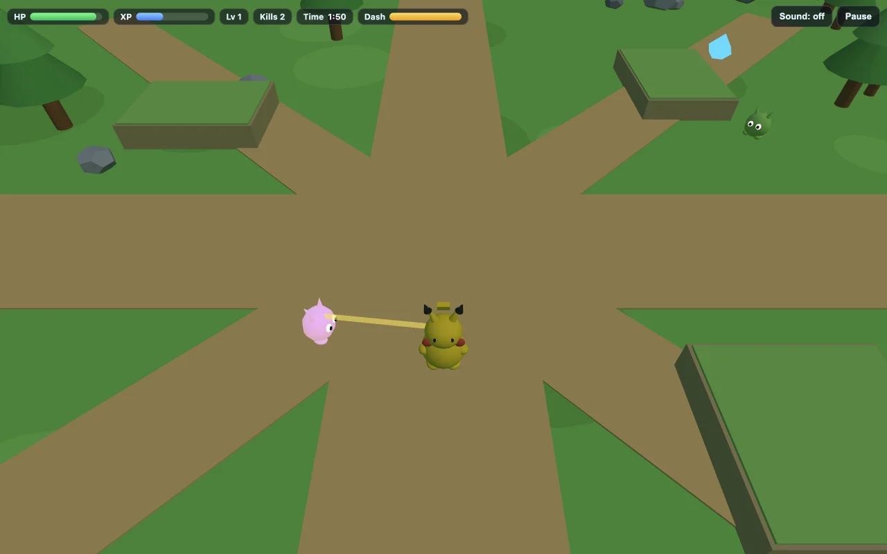 PokeBonk gameplay on OpenGame: Pikachu moves through a 3D meadow while nearby enemies approach and health, XP and dash meters show the current run.