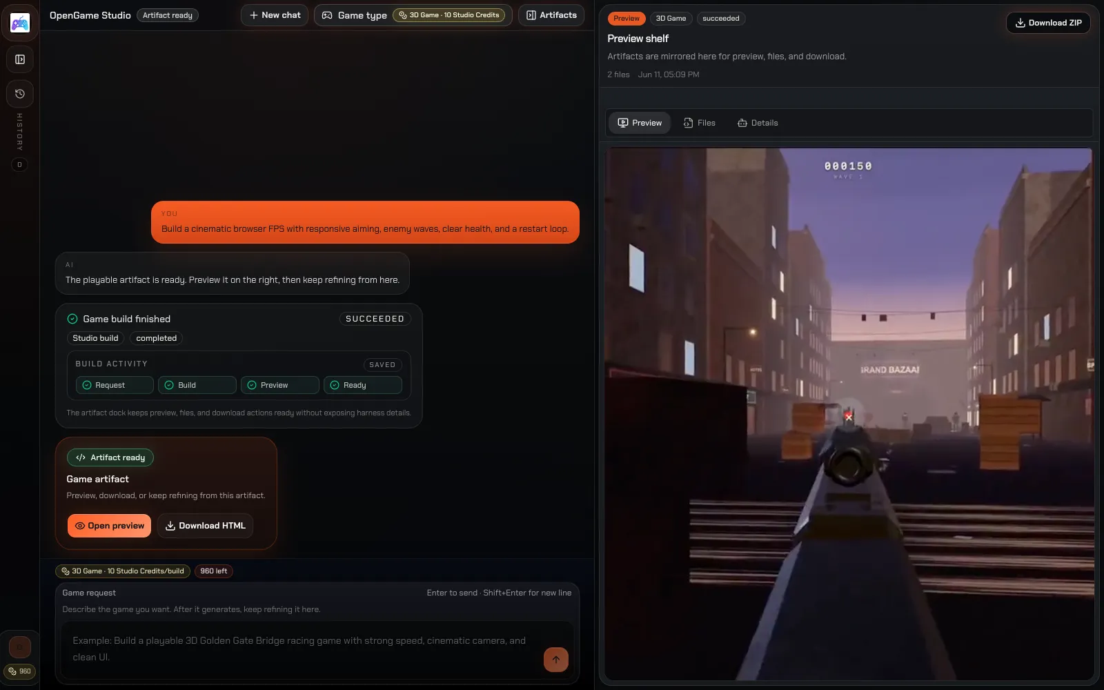 OpenGame AI game generator showing a generated FPS running beside completed Studio build activity