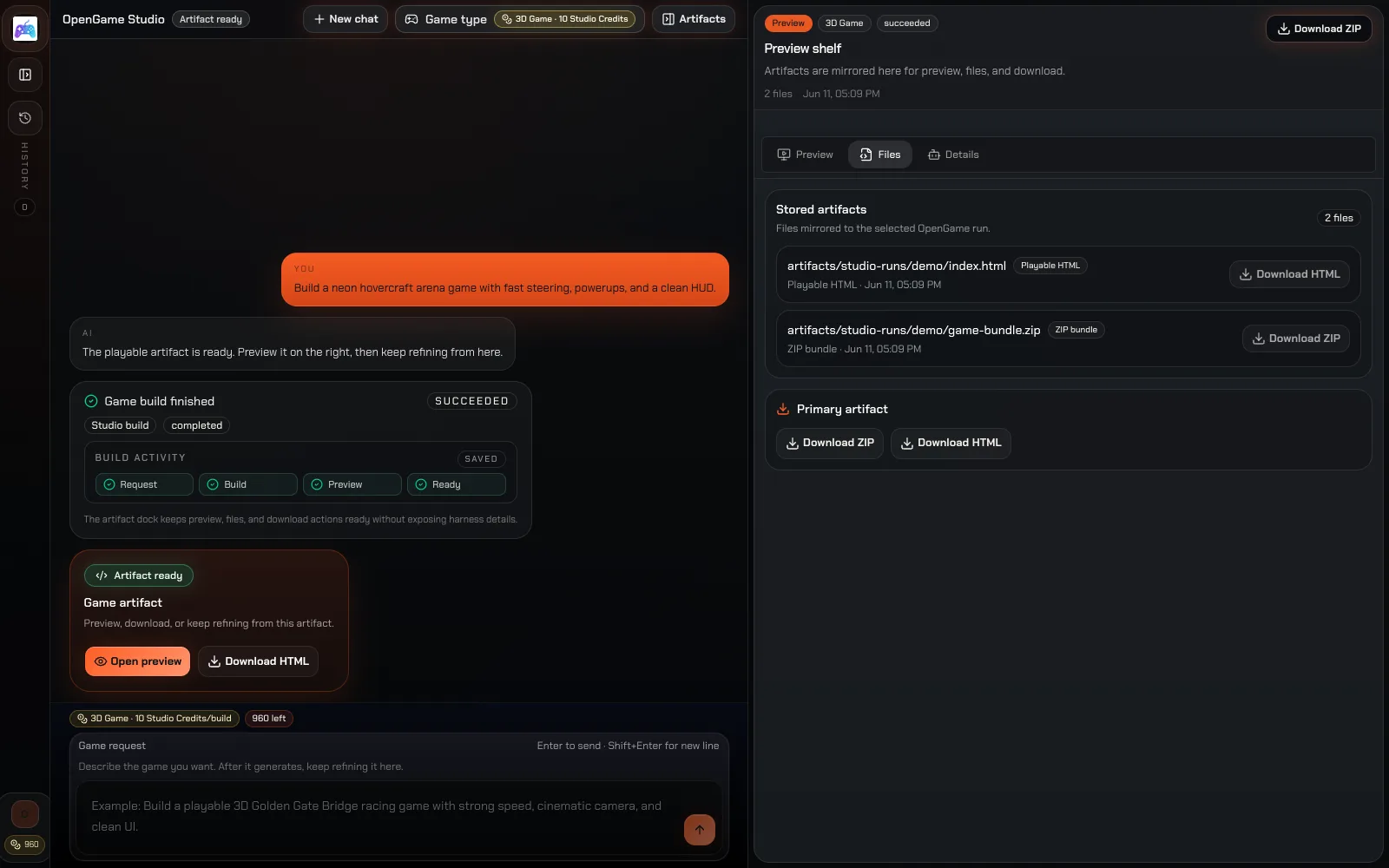 OpenGame AI game maker showing saved playable HTML and 3D ZIP project files