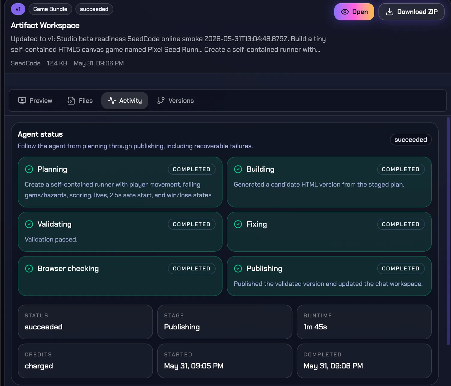 Panneau d’activité AI Game Generator Studio avec planification, build, validation, correction, contrôle navigateur et publication